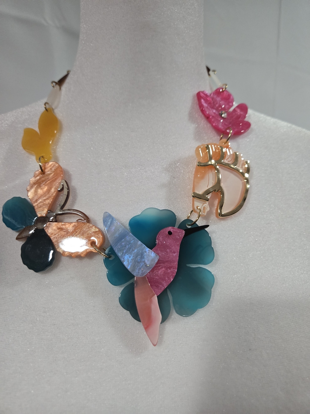 Colorful Hummingbird Floral Necklace in Teal, Pink & Coral, NWT . Made In France